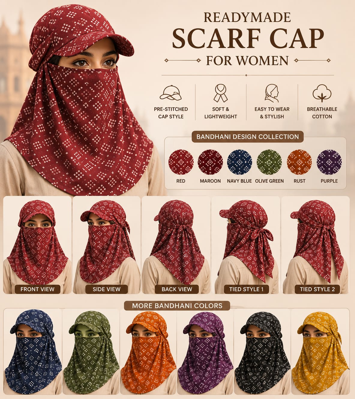 Readymade block print scarf cap for women in multiple colours